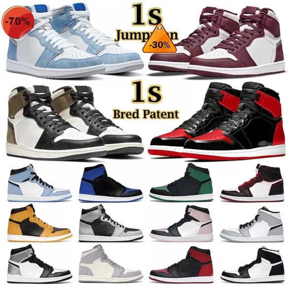 

boots men 2023 women basketball shoes 1s jumpman 1 high mid bordeaux atmosphere bred patent university blue hyper royal pale ivory mens x, Black