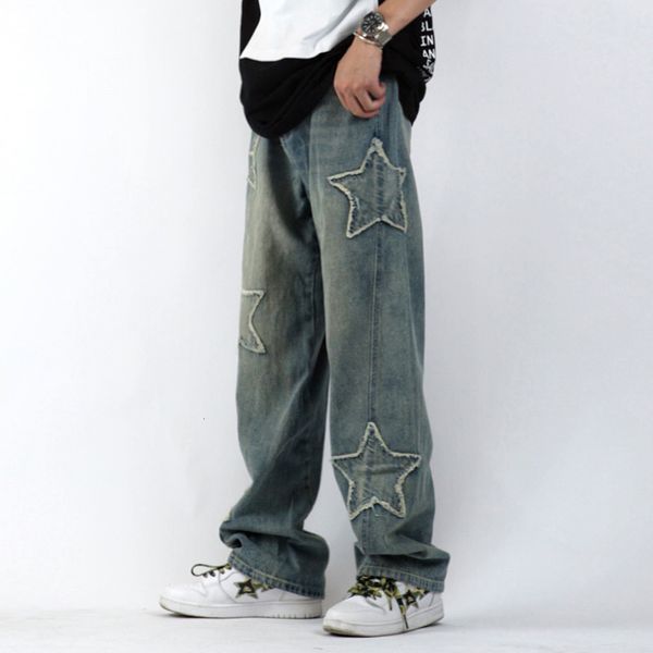 

men's jeans street retro hip-hop five-pointed star cloth embroidered jeans men's and women's loose straight trousers ins men, Blue
