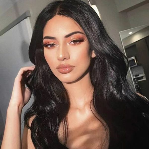 

new front lace wig lady's mid-length curly big wavy wig hood, Black;brown