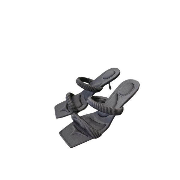 

designer womens square toe sandals summer famous wide stilett heel bright black sliders leather strap buckle shoe quilted breathable pumps b