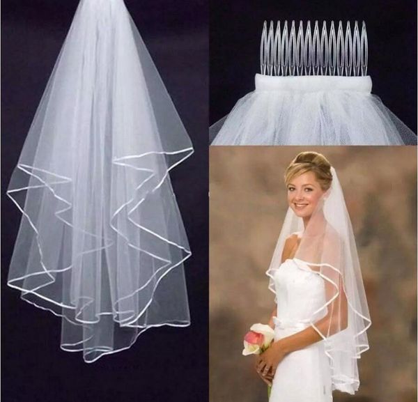 

bridal veils simple white ivory single two layers elbow length short comb soft wedding veil accessories for brides ribbon edge, Black