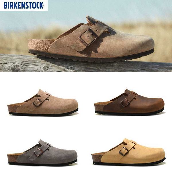 

slippers factory designer birkinstocks genuine slippers boken baotou women's shoes boken boston leather cork semi-trailer for men, Black