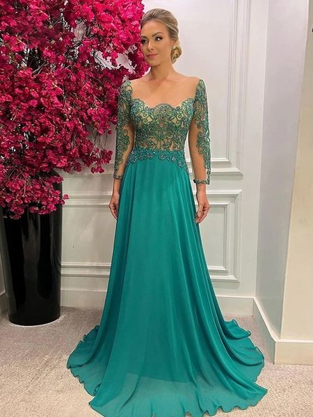 

casual dresses aline princess evening dress chiffon applique oneck long sleeves sweep brush train mother of the bride abito cerimonia 230221, Black;gray