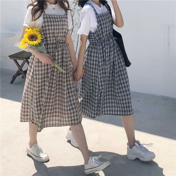

casual dresses 2022 summer spaghetti strap plaid dress high waist sleeveless long women dress casual loose kawaii dresses lolita sundress l2, Black;gray
