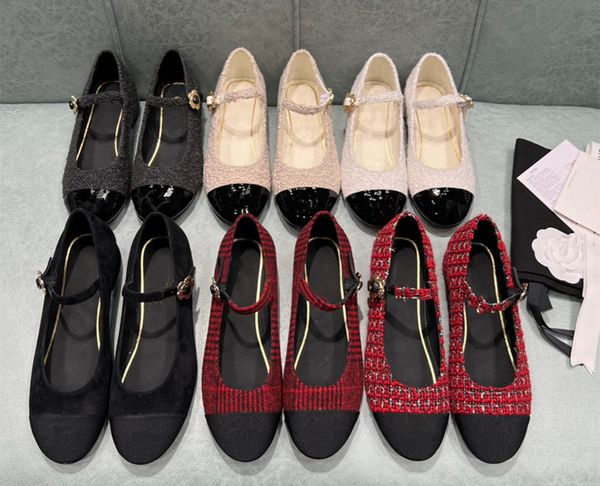 

rhinestone camellia buckle dress shoes women tweed patent cap toe sandals patchwork summer leisure shoe designers fashion mary jane leather, Black