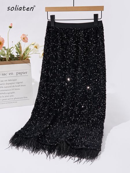 

skirts women black sequined feather skirt fall winter party hip skirt slim festival female chic bottoms c-214 230221