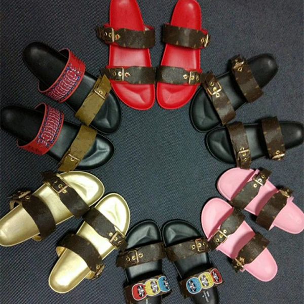 

20 colors bom dia flat mule slippers women men summer shoes slip on leather slides double strap sandal flip flops classic brown black vintag