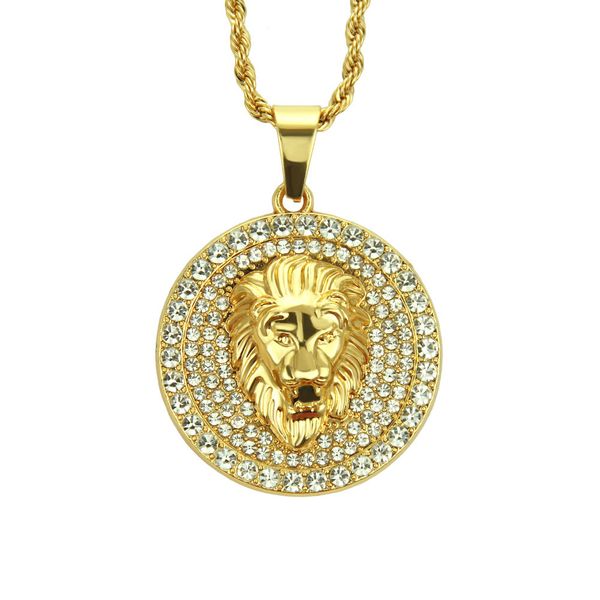 

domineering round lion head pendants necklace zircon real gold plated jewelry, Silver