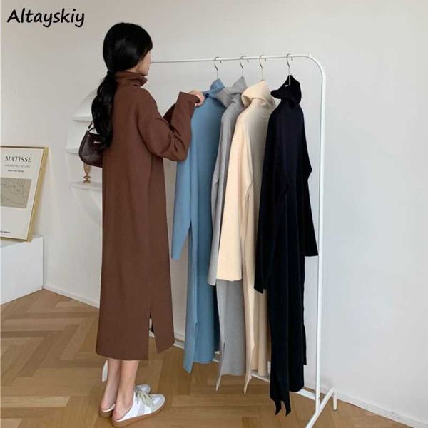 

casual dresses long sleeve dress women autumn winter warm basic inside solid turtleneck medium-long ulzzang simple side split daily all-matc, Black;gray