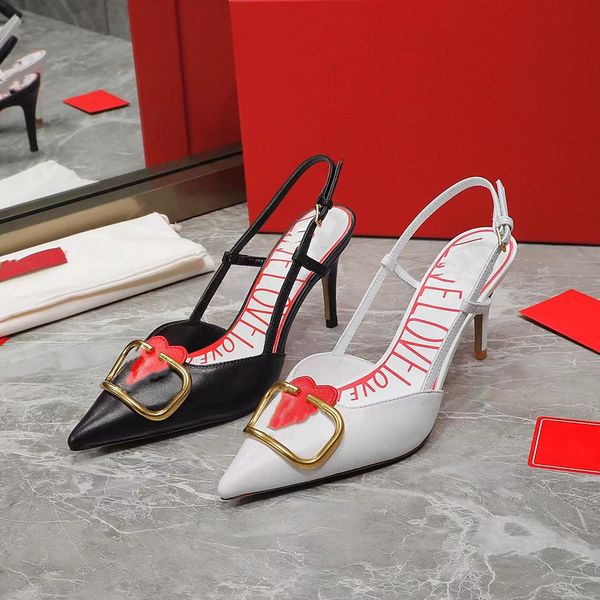 

7a new leather women's shoes high heel sandals slippers designer designer hook and loop ins classic fashion pointed toe handmade luxury, Black