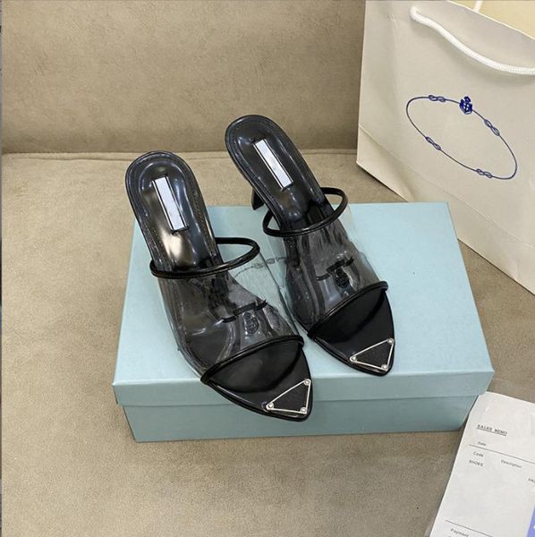 

summer transparent pvc luxury slippers sandals slides womens leather sole&inside enameled metal triangle logo ladies flat shoe size 35-40, Black