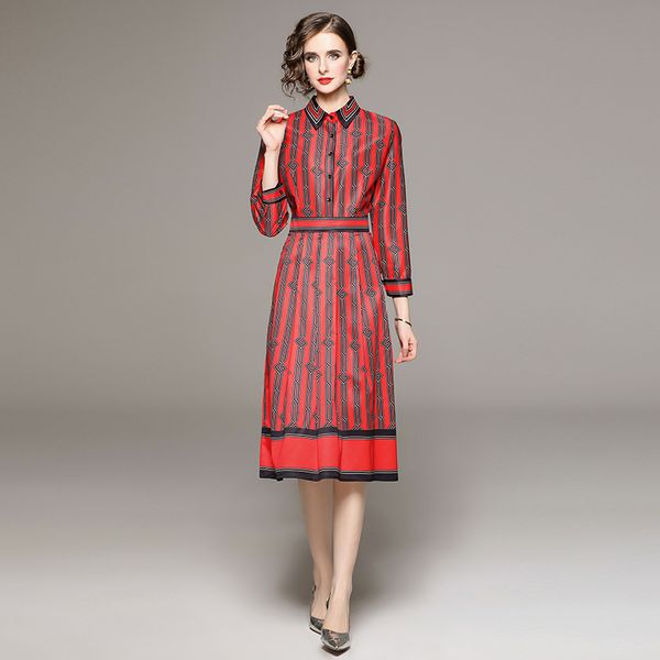 

2023 long sleeve striped red dresses women designer robe classic lapel casual shirt dress fine elegant spring autumn ladies geometric print, Black;gray