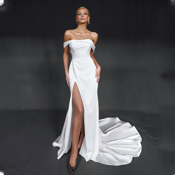 

party dresses modern 2023 off the shoulder pleat sheath wedding side slit boho beach bridal grown robe de mariee 230221, White;black