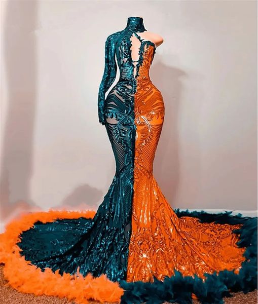 

contrast color sequined lace evening dresses orange hunter green gillter feather mermaid black girls aso ebi prom gowns, Black;red