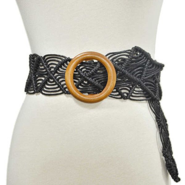 

key rings vintage wide bohemian belts for women round wood buckle woven braided rope belt female casual crochet boho dress waistband j230222, Slivery;golden