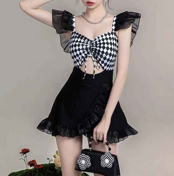 

swimsuit swimwear female 2023 new type pure desire student conservative belly show thin small chest short sleeve spring bikinis, White;black