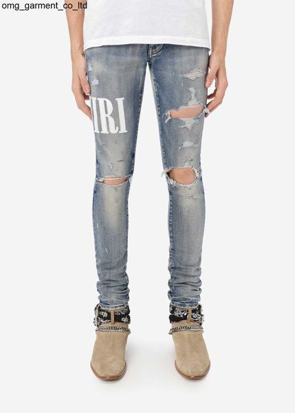 

designer new men's correct version amirs leather stitching embroidery letter knife cutting breaking fashion men jeans pants, Blue