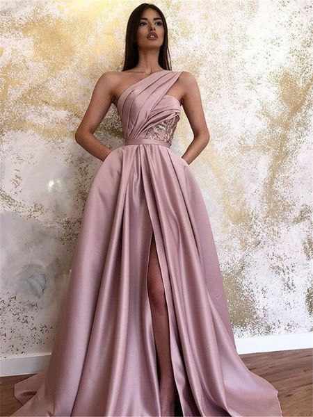 

dusty pink split prom evening dresses with pocket one shoulder pleats appliques long party gowns women occasion formal vestidos bc15221, Black