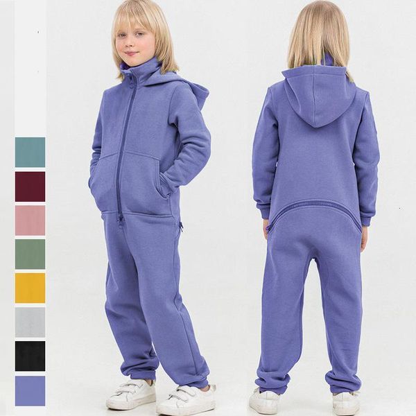 

hoodies sweatshirts children s clothing zipper long sleeved hooded jumpsuit fleece open pants loose casual autumn winter solid keep warm kid, Black