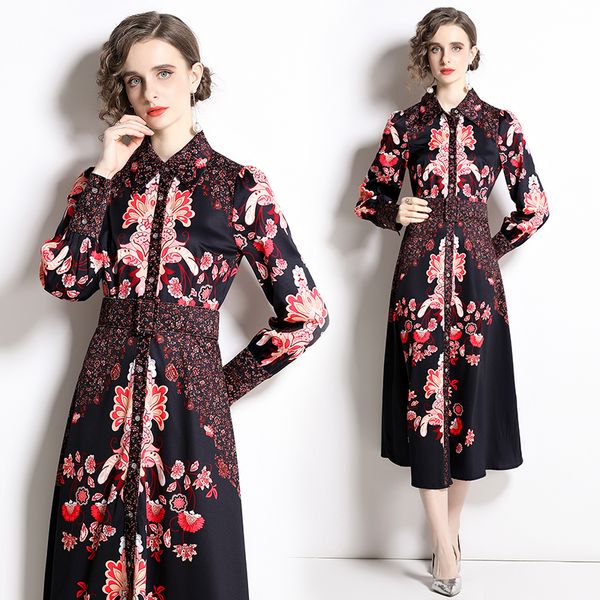 

2023 classic lapel casual shirt dresses with belt long sleeve women designer elegant print slim a-line maxi black dress spring autumn ladies, Black;gray