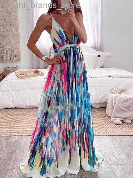 

casual dresses casual dresses women spring tie-dye print loose boho maxi dress deep v neck hollow party dress summer sleeveless suspender dr, Black;gray
