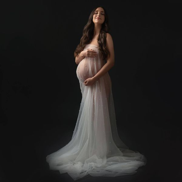 

maternity dresses maternity pography for po shoot full yard scattered pearls studded mesh pregnant grown lace pearls wraps props accessories, White