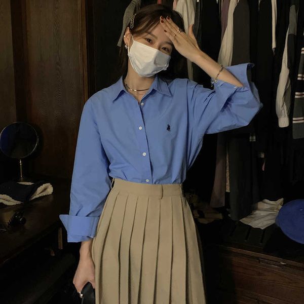 

nan tao embroidery spring new cotton solid color long sleeve women's simple loose overlay casual shirt, White