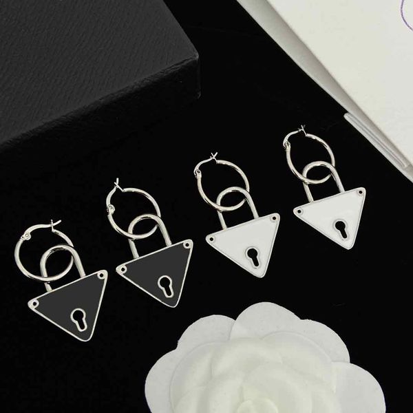 

lock cylinder hollow out studs designer triangle earrings women personality letter eardrops with box birthday, Golden;silver