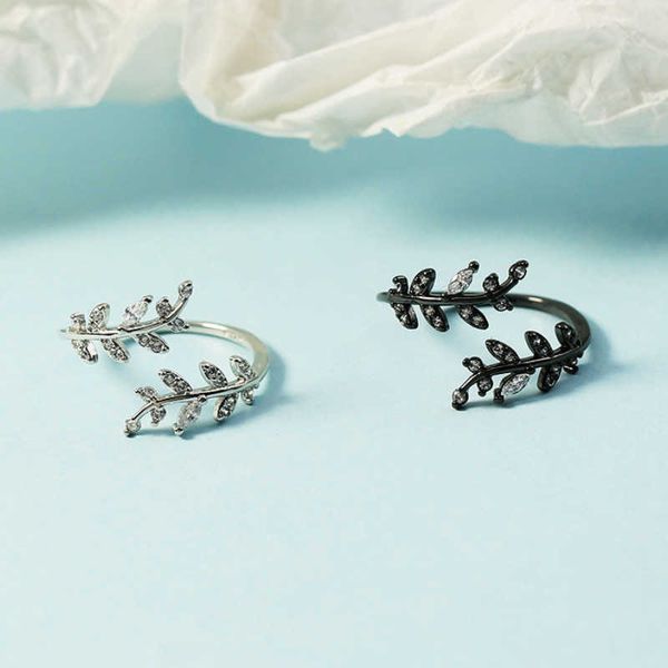 

small clear diamond leaf branch opening women's ring fashion versatile cool wind opening can adjust sweet temperament, Silver