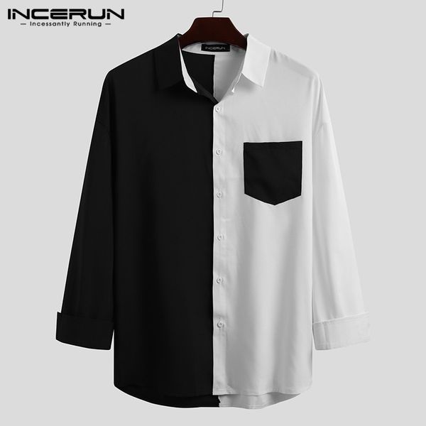 

men's casual shirts incerun men shirt brand patchwork long sleeve lapel button camisa masculina streetwear fashion korean casual shirts, White;black