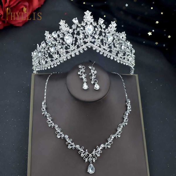 

tiaras a46 luxury bridal jewelry accessories african wedding tiara crown necklace earring sets baroque headband water drop headpiece z0220, White;golden