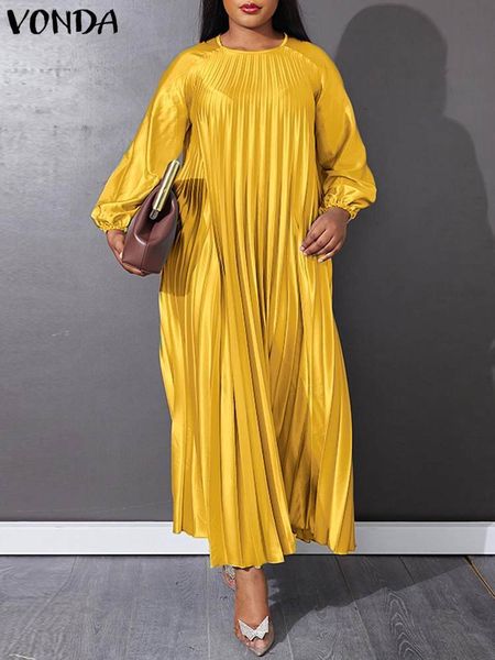 

casual dresses vonda oversize vintage party long dresses fashion women long sleeve vestidos female a-line solid o-neck holiday pleated sundr, Black;gray