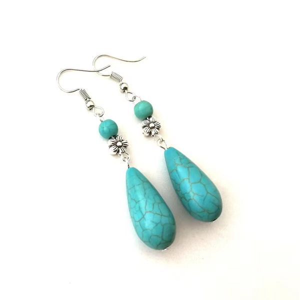 

earring ear cuff jewelry bohemian turquoise earring long water drop earrings vintage personality earrings no ear piercing ear clip tibetan j, Silver