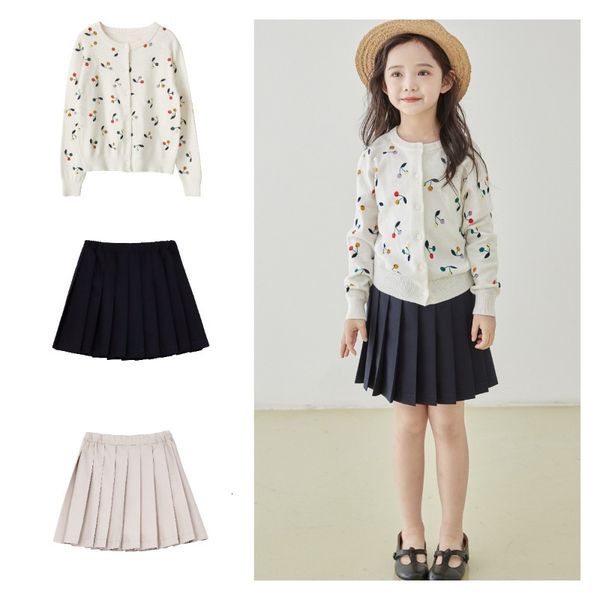 

clothing sets children s cardigan short skirt 2023 ss girl s cotton colorful cherry print knitted shirt sweater black 230220, White