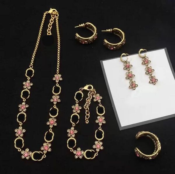 

luxury designer necklace women ladies flower letter diamond bracelet exaggerated pendant earrings 925 silver needle jewelry set with box, Black