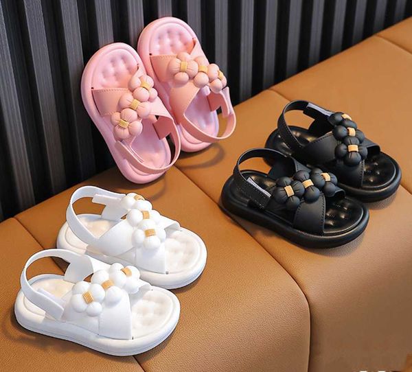 

sandals summer girls children's solid color fashion flower sandals comfortable breathable non-slip cute sandals beach soft kids sandals, Black;red