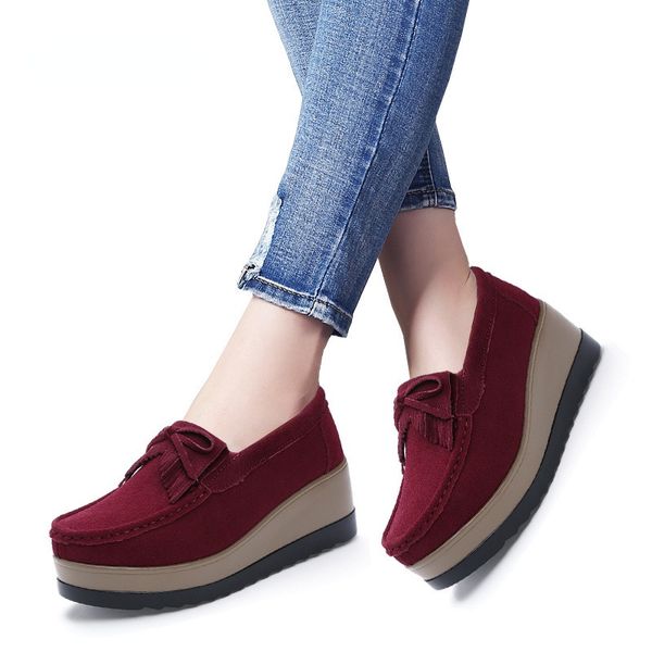

dress shoes comemore spring autumn women suede genuine leather wedge shoes lady female loafers sweet tassel slip-ons platform moccasins 2302, Black
