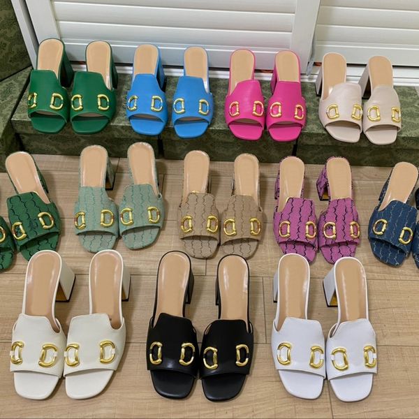 

designer sandals woman fashion sandal metal buckle 7cm mid-heel pumps retro block heel high heels open toe slippers women slipper size 35-41, Black