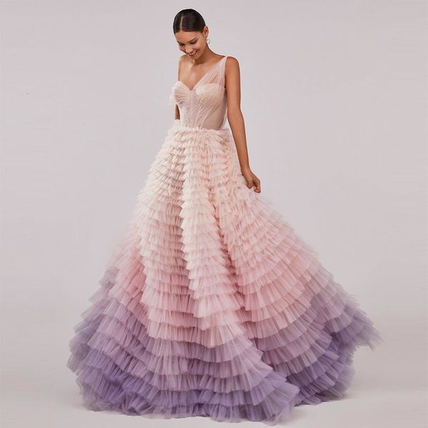 

party dresses sevintage colorful tiered ruffled tulle prom beading crystal pleat ruched long evening gowns wedding dress 230221, White;black