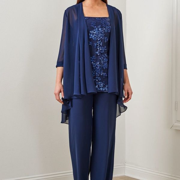 

casual dresses elegant wedding pants suits for women chiffon navy 3 pieces lace appliqued mother of the bride guest dress 230221, Black;gray
