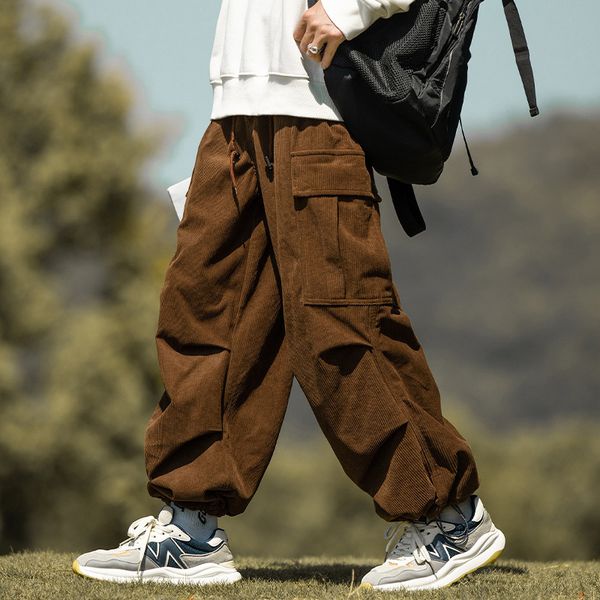 

men's pants streetwear for men fashion loose pockets cargo pant autumn casual solid color corduroy trousers mens vintage lantern 230221, Black