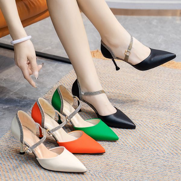 

dress shoes rimocy mix color ankle strap high heels women pu leather thin heeled pumps woman shining patchwork party 230220, Black