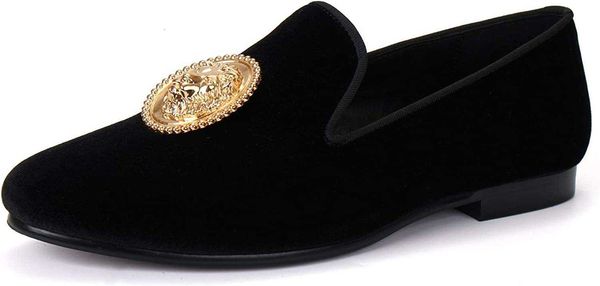 

men's slim black velvet loafers gold lion button handmade flat shoes