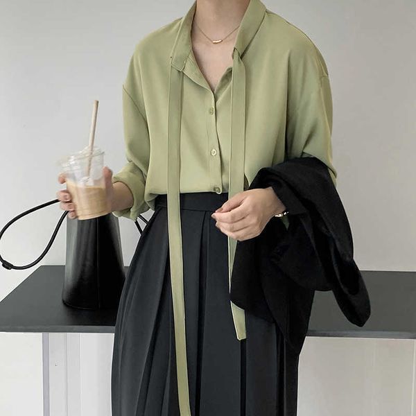 

jiangzuo solid ribbon draped long-sleeved for women 2023 spring korean single-breasted casual 913 shirt, White