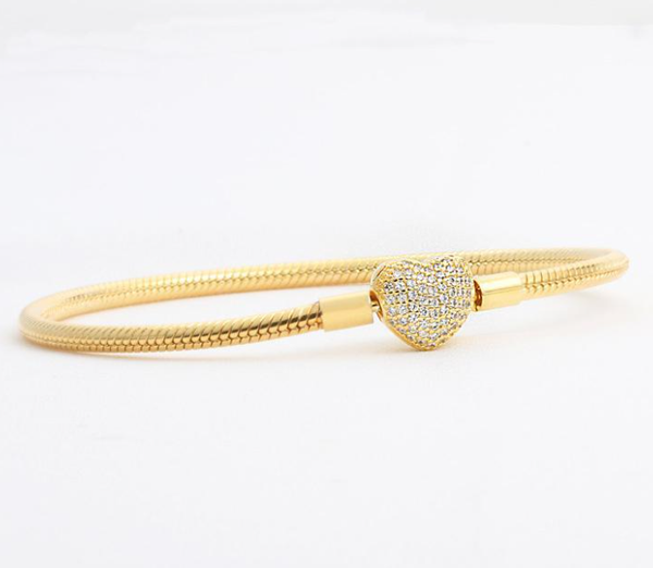 

all-match yellow gold plated diamond heart bracelets set 925 silver snake chain bracelet for women wedding jewelry 18k, Golden;silver