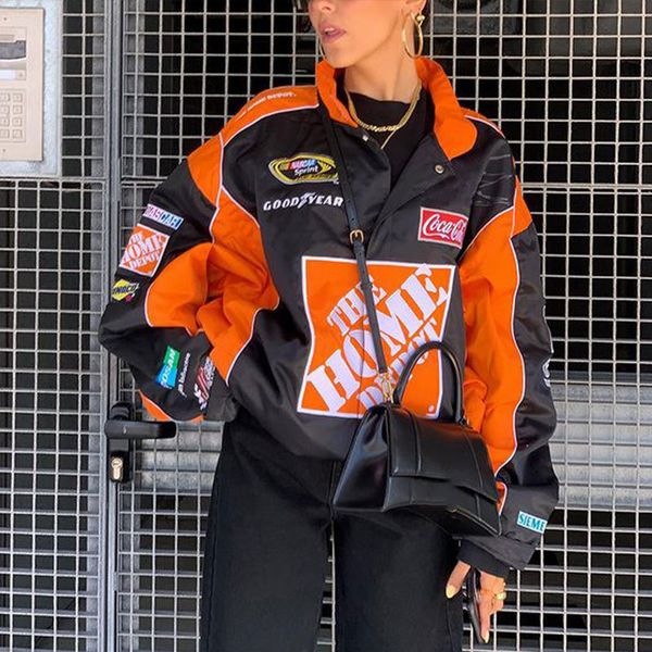 

women's jackets streetwear orange printed jacket women stand-up collar long sleeve zipper splice loose coats vintage casual outwear 230, Black;brown