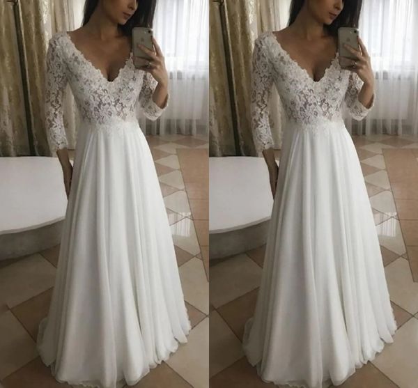 

beach wedding dress vestido de noiva 3/4 sleeve v neck chiffon lace pleats women bridal party gown robe de mariage 2023 new, White