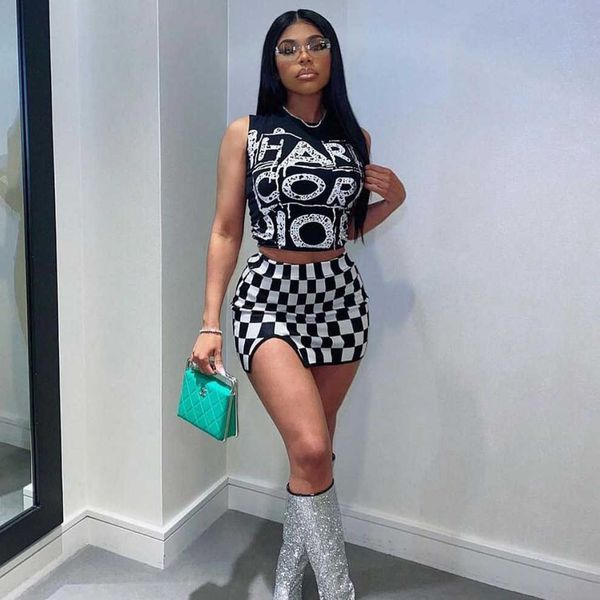 

women's fashion micro split skirt two piece square check vest short skirt suit, White