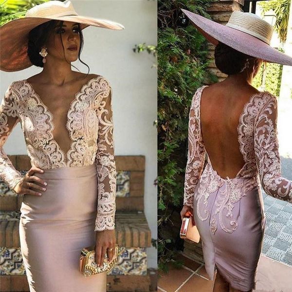 

casual dresses sheer v neck mother of the bride lace applique long sleeves backless vestidos de novia short cocktail party gown 230221, Black;gray