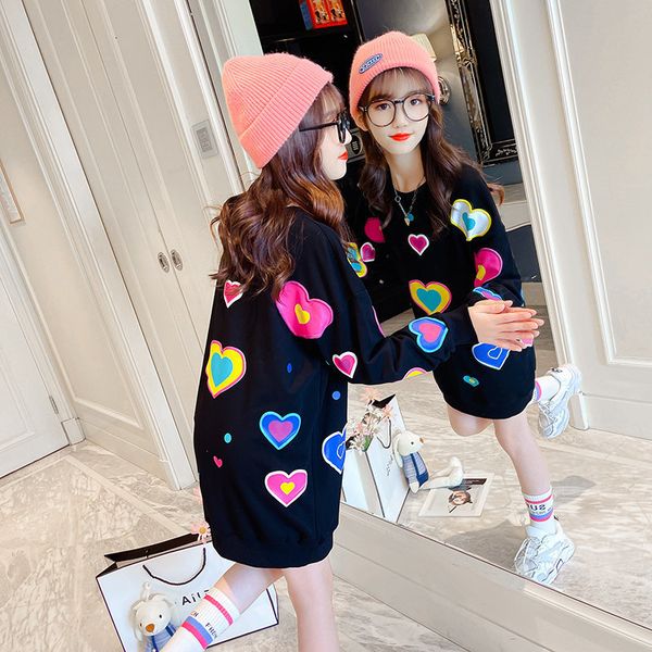

hoodies sweatshirts spring autumn kids cute heart print medium length sweatshirt for girls novelty teen cotton clothes sweater 8 10 12 23022, Black